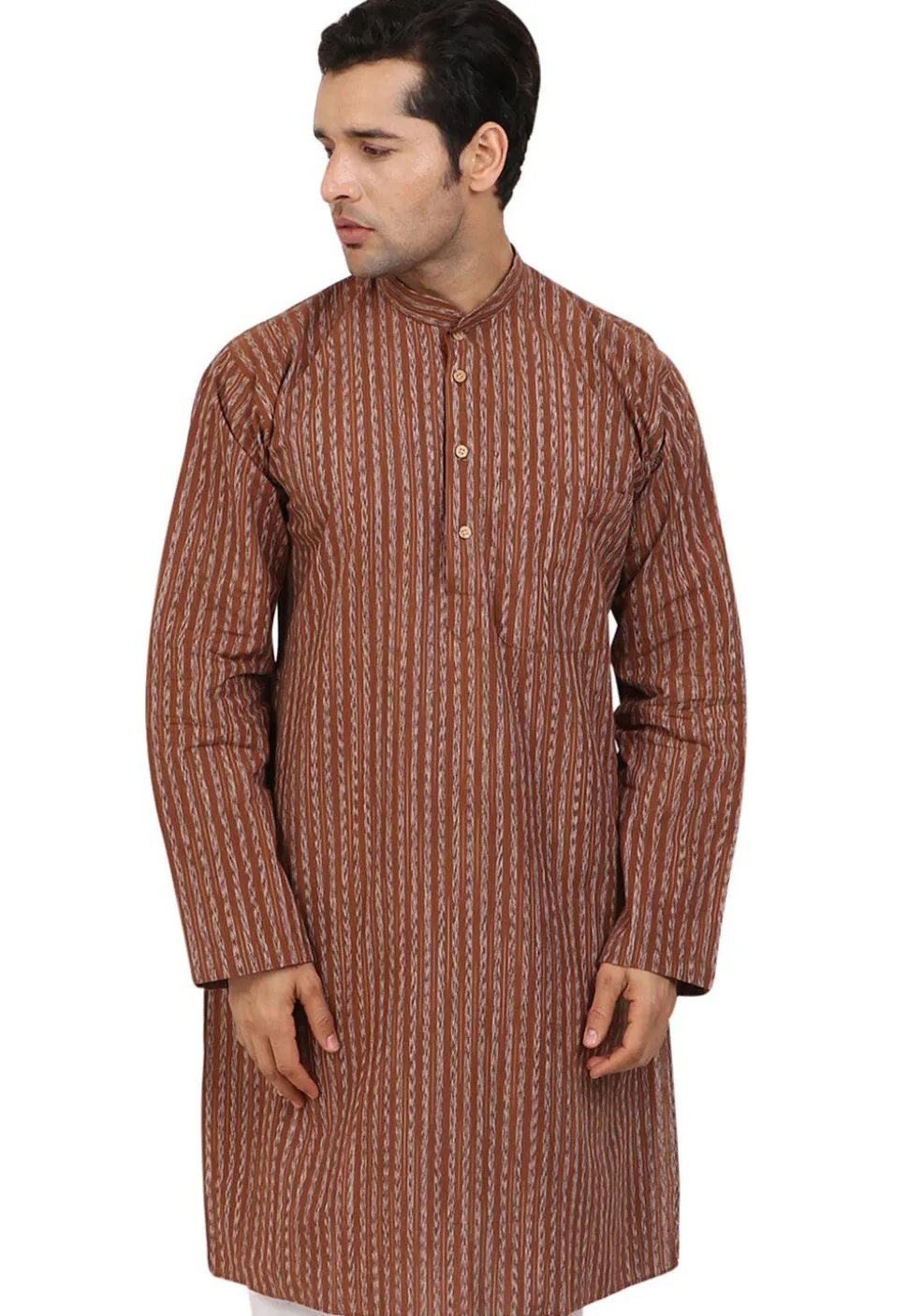 Stripe Printed Handloom South Cotton Kurta in Brown