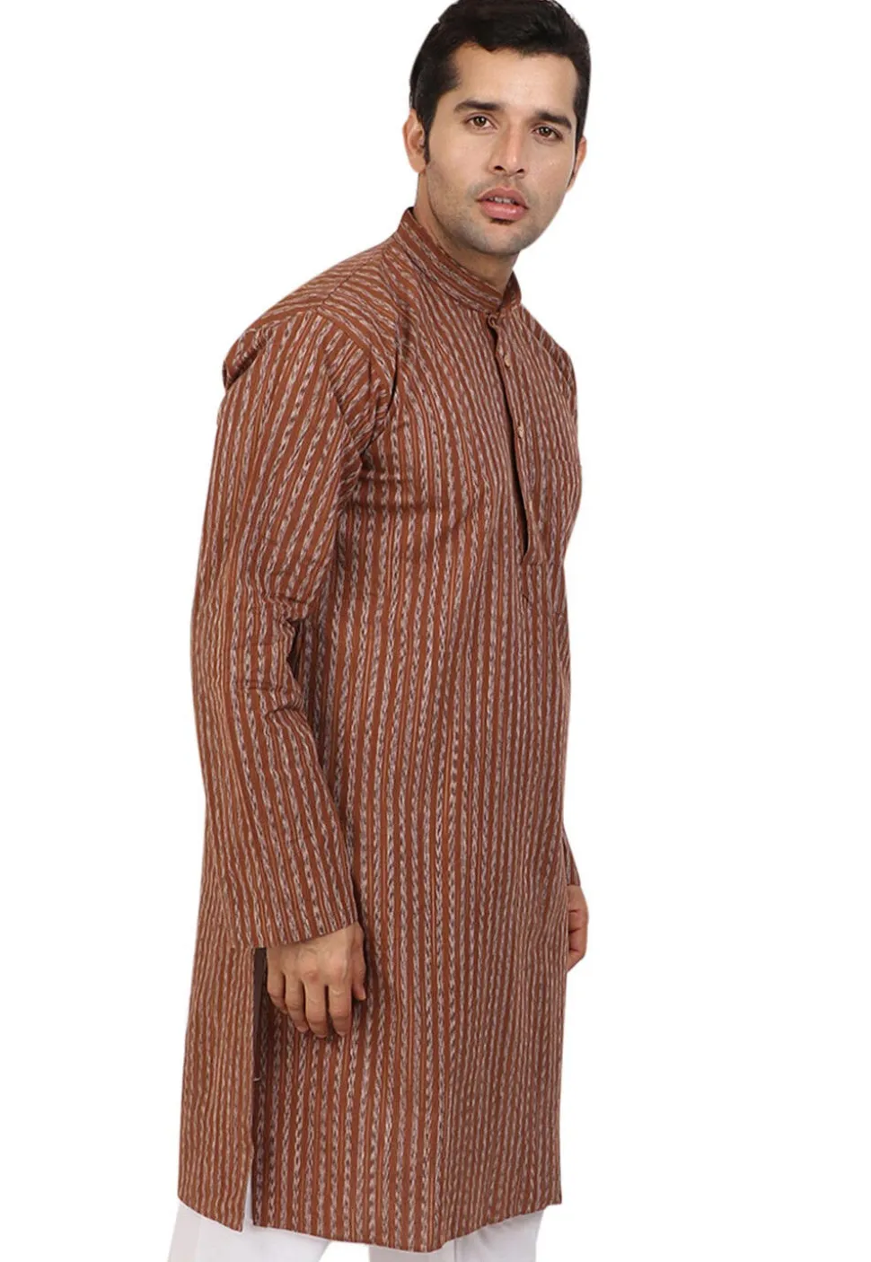 Stripe Printed Handloom South Cotton Kurta in Brown