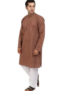 Stripe Printed Handloom South Cotton Kurta in Brown