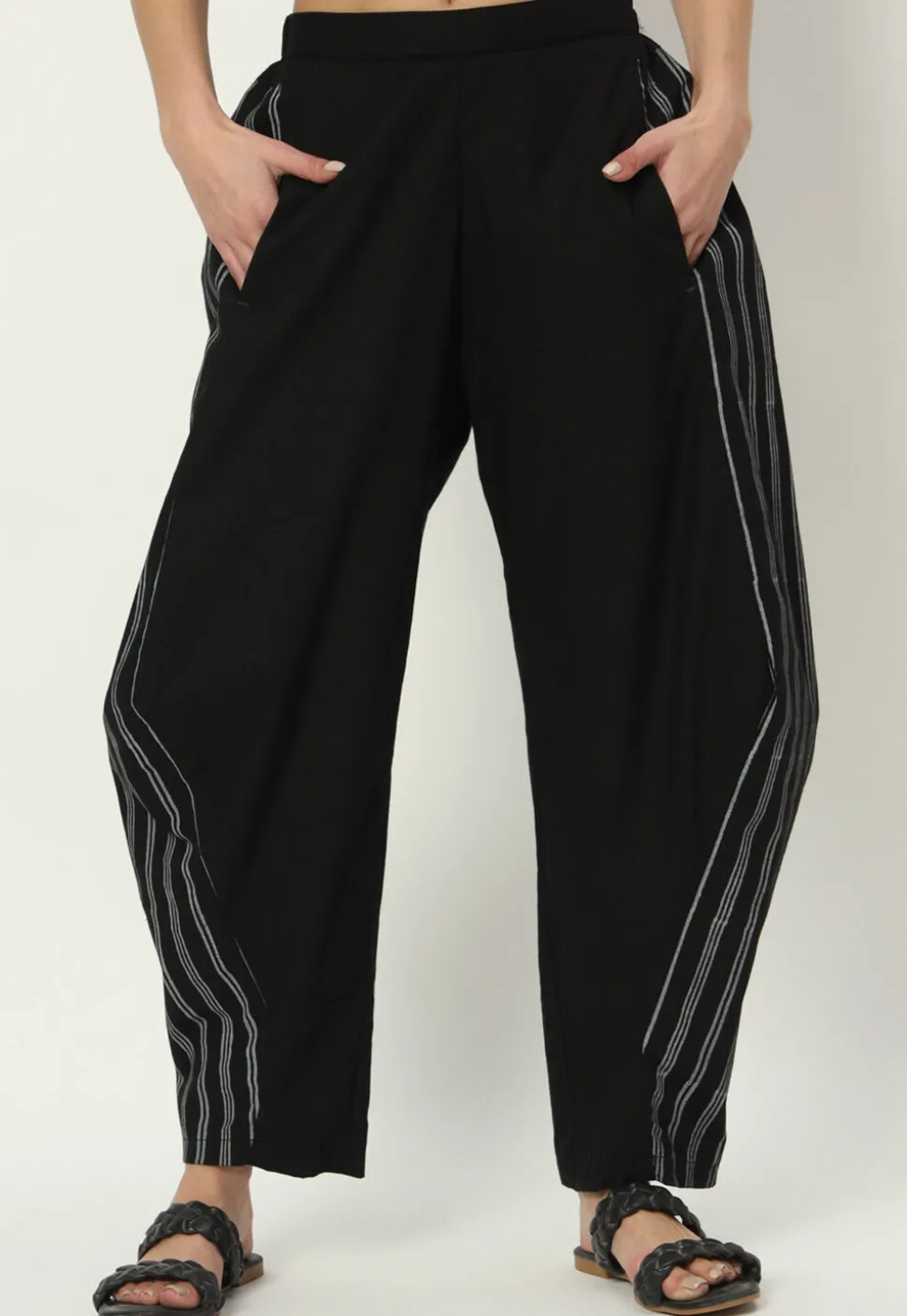 Stripe Printed Pure Cotton Pant in Black