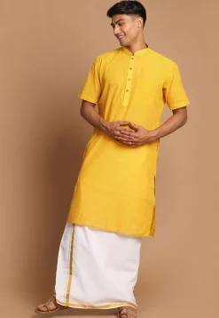 Stripe Printed Pure Cotton Kurta Mundu Set in Yellow