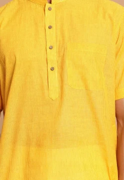 Stripe Printed Pure Cotton Kurta Mundu Set in Yellow