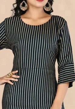 Stripe Printed Rayon Long Kurta in Navy Blue