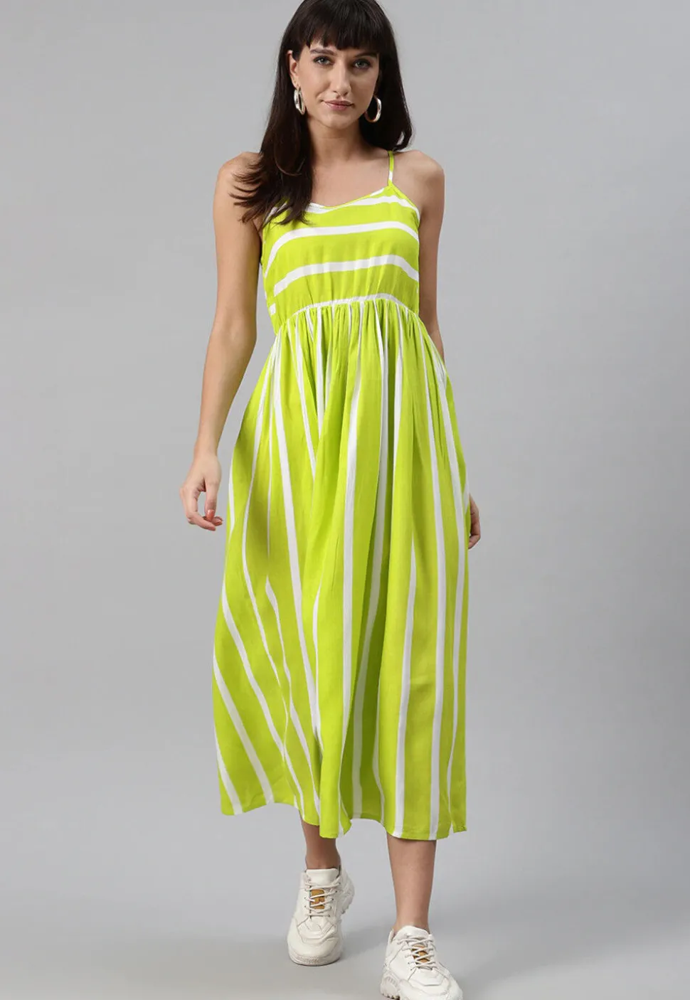 Stripe Printed Rayon Midi Dress in Light Green