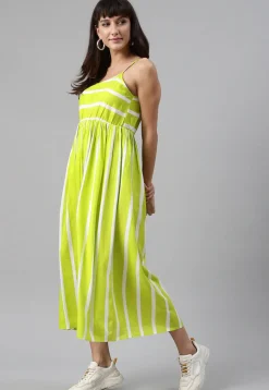 Stripe Printed Rayon Midi Dress in Light Green