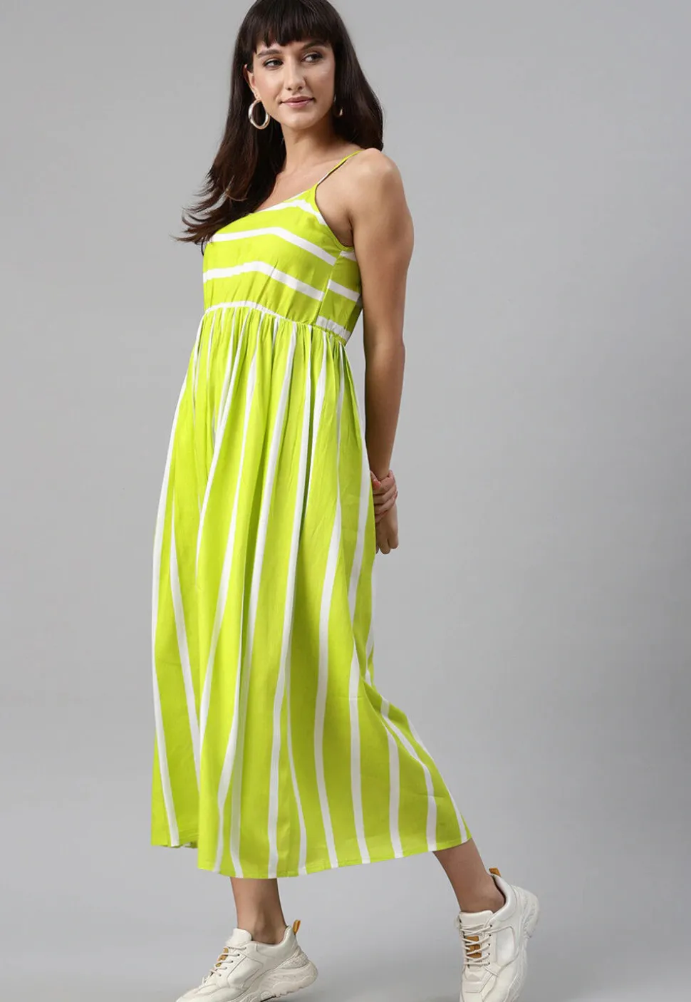 Stripe Printed Rayon Midi Dress in Light Green