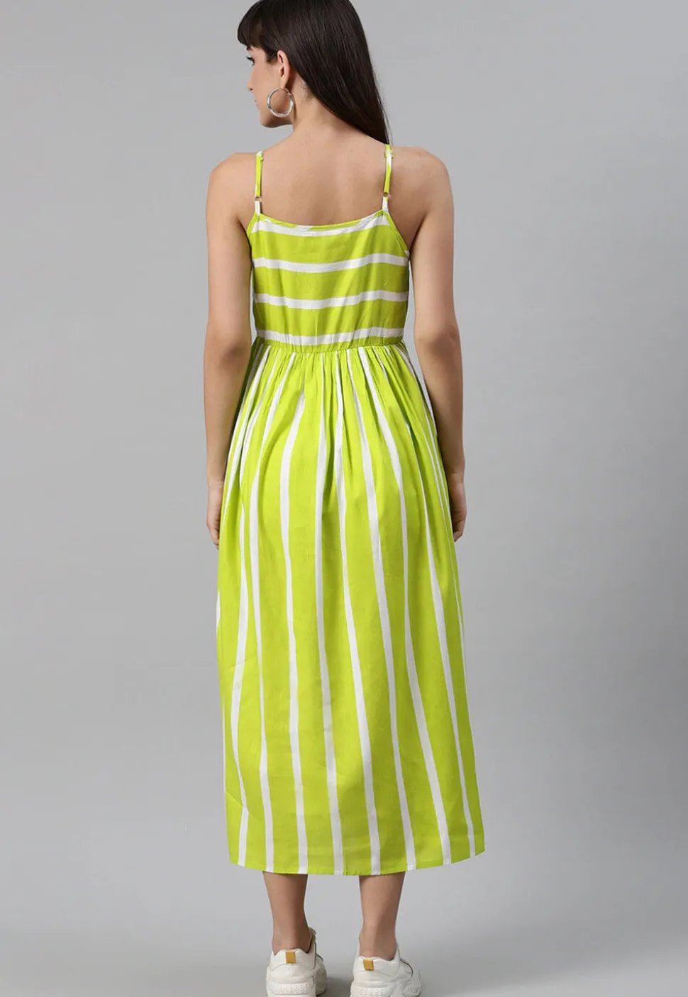 Stripe Printed Rayon Midi Dress in Light Green