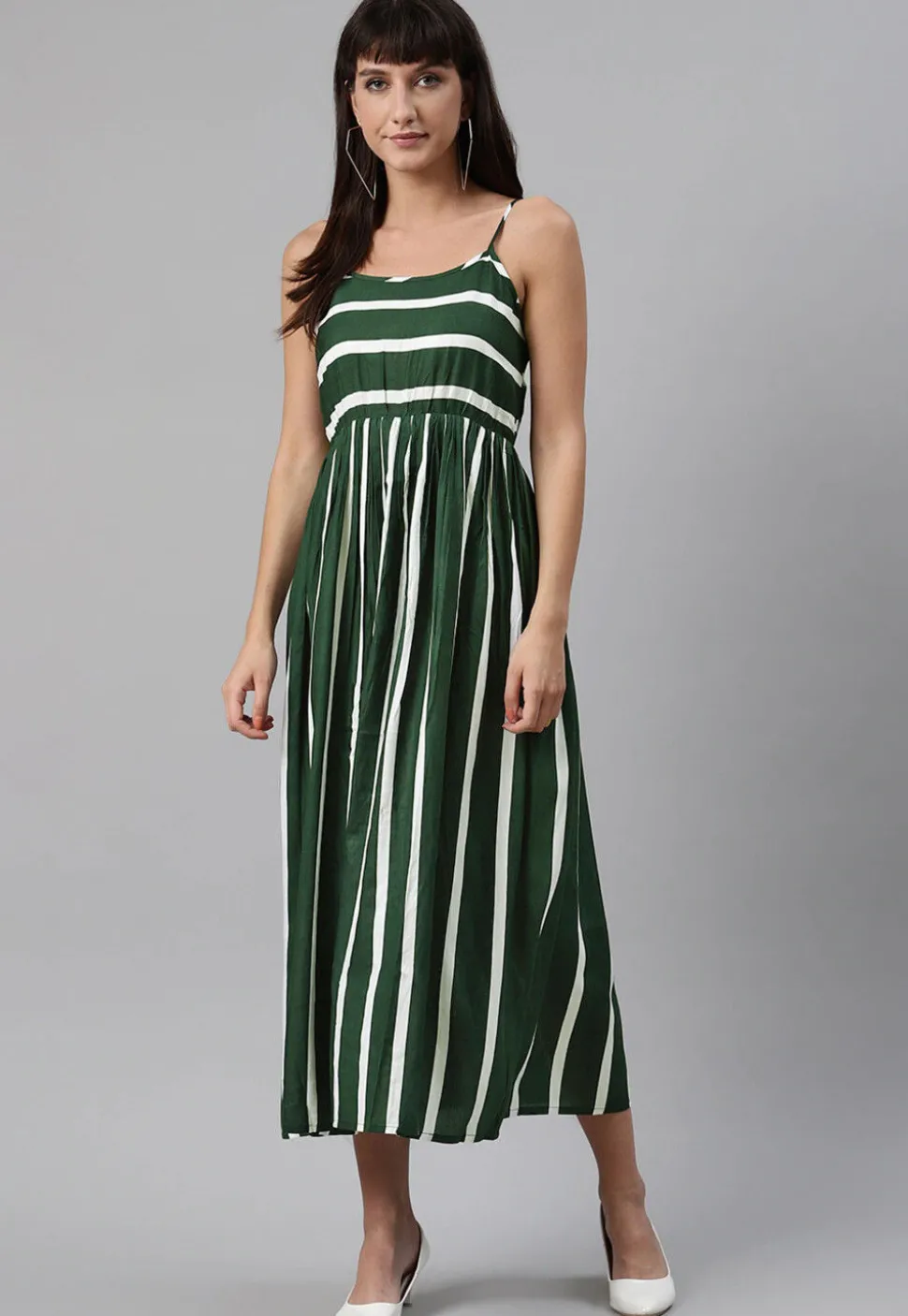 Stripe Printed Rayon Midi Dress in Green