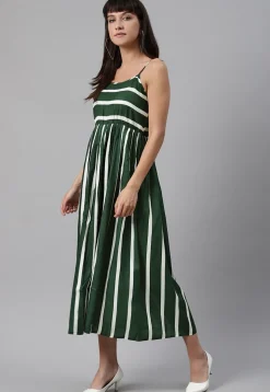 Stripe Printed Rayon Midi Dress in Green