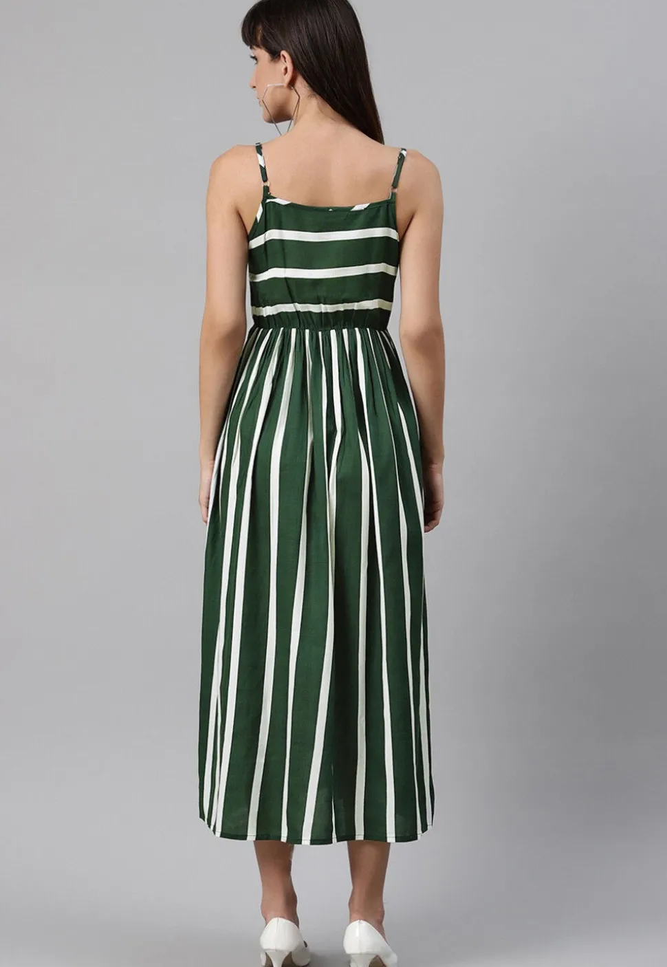 Stripe Printed Rayon Midi Dress in Green