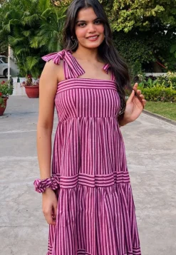 Stripe Printed Rayon Tiered Gown in Pink