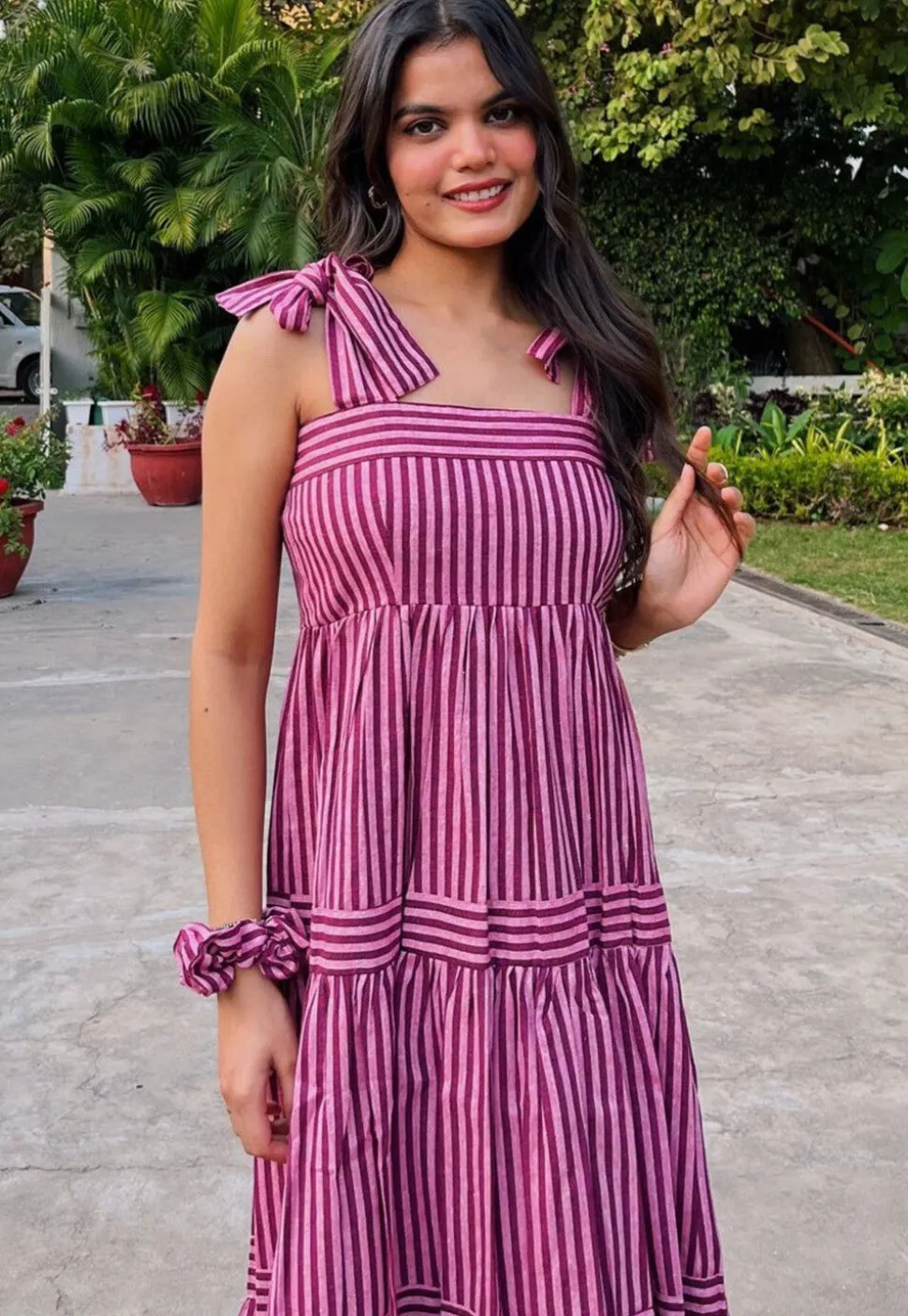 Stripe Printed Rayon Tiered Gown in Pink