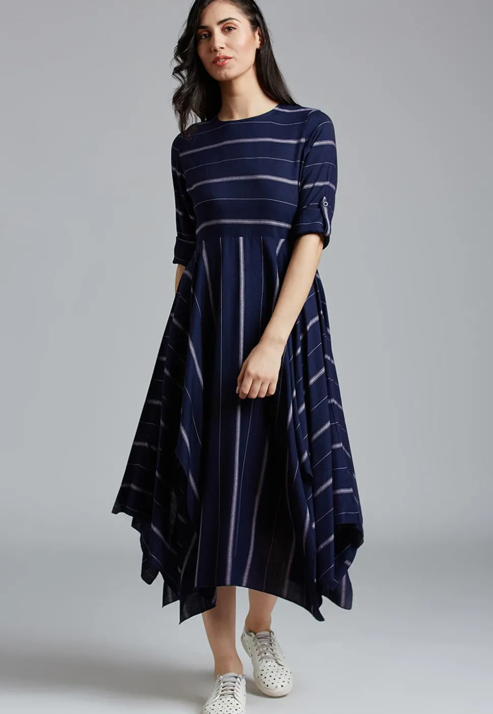Striped Cotton Asymmetric Dress in Navy Blue