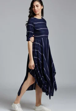 Striped Cotton Asymmetric Dress in Navy Blue