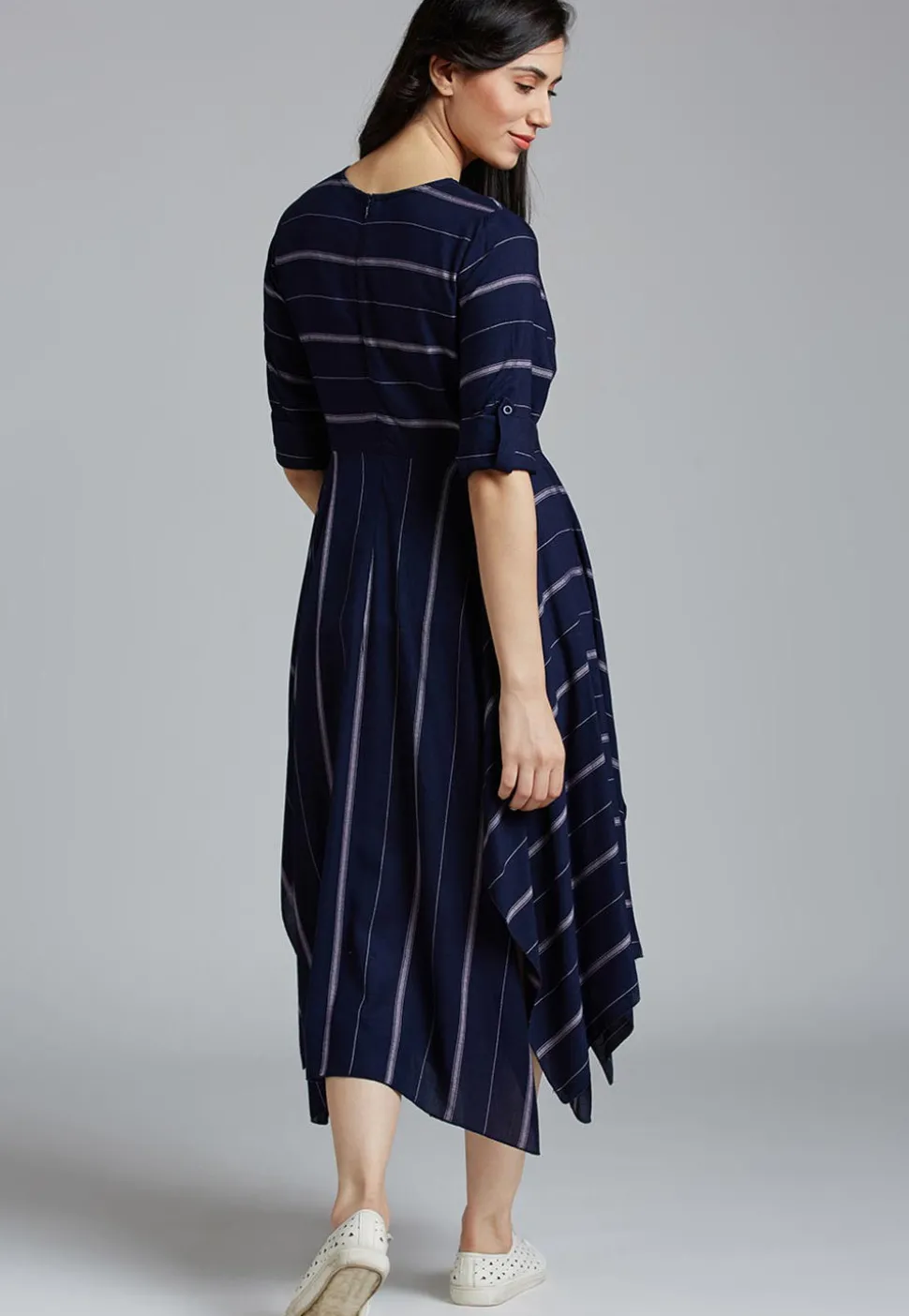 Striped Cotton Asymmetric Dress in Navy Blue