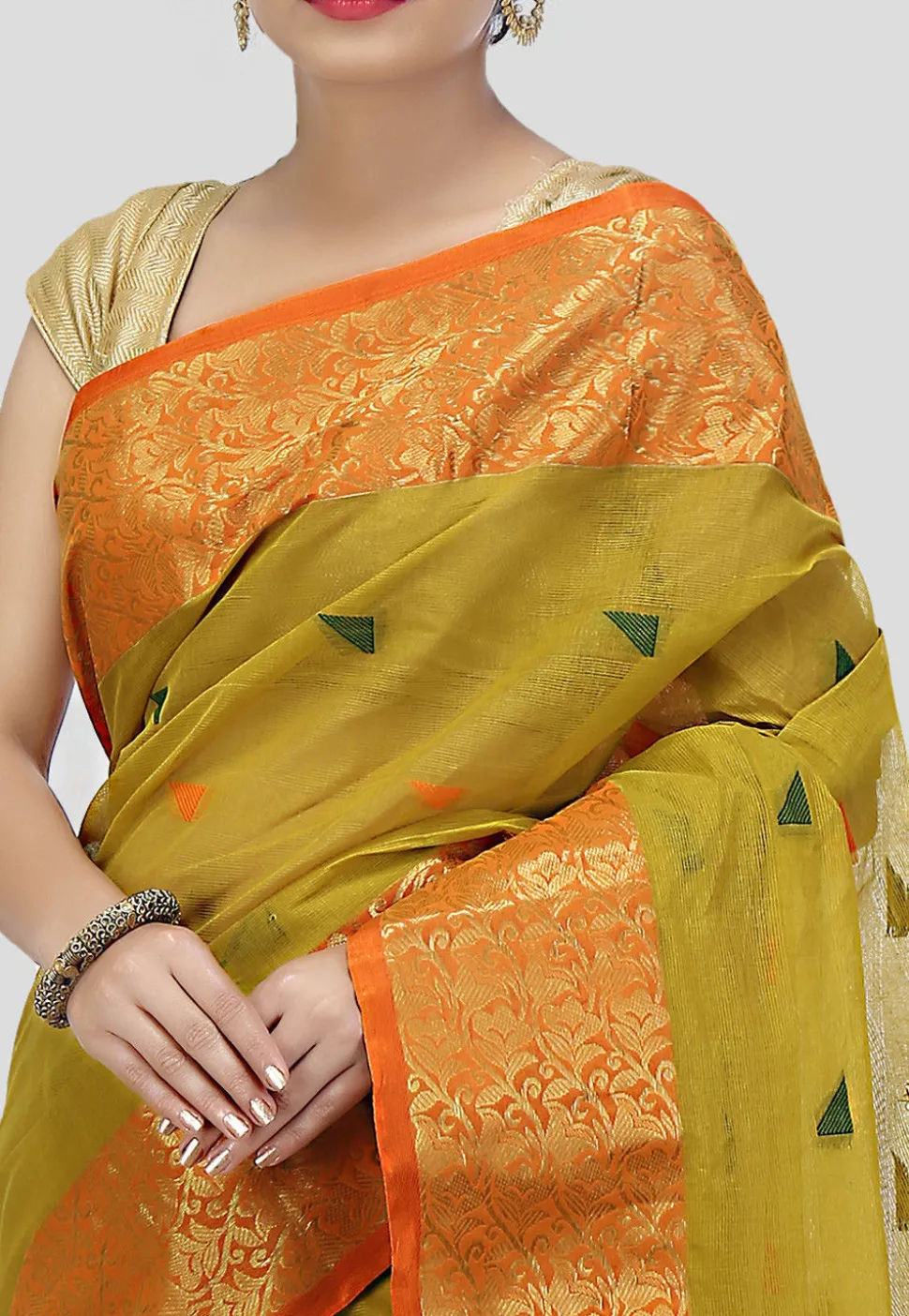 Tant Cotton Tant Handloom Saree in Olive Green