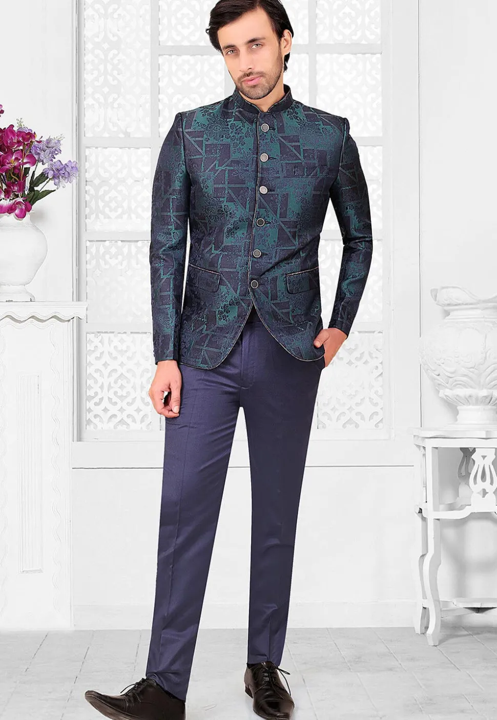 Terry Rayon Jacquard Asymmetric Jodhpuri Suit in Blue