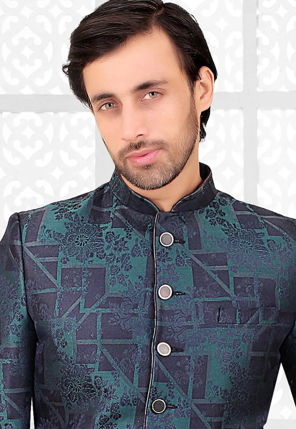 Terry Rayon Jacquard Asymmetric Jodhpuri Suit in Blue