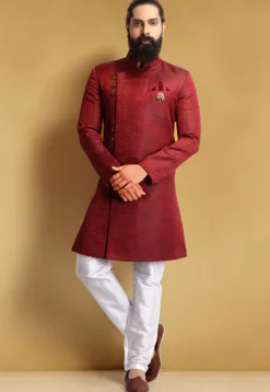 Textured Art Silk Jodhpuri Suit in Maroon