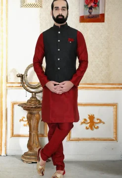 Textured Art Silk Nehru Jacket in Black
