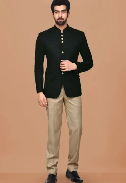 Textured Polyester Jacquard Jodhpuri Suit in Black