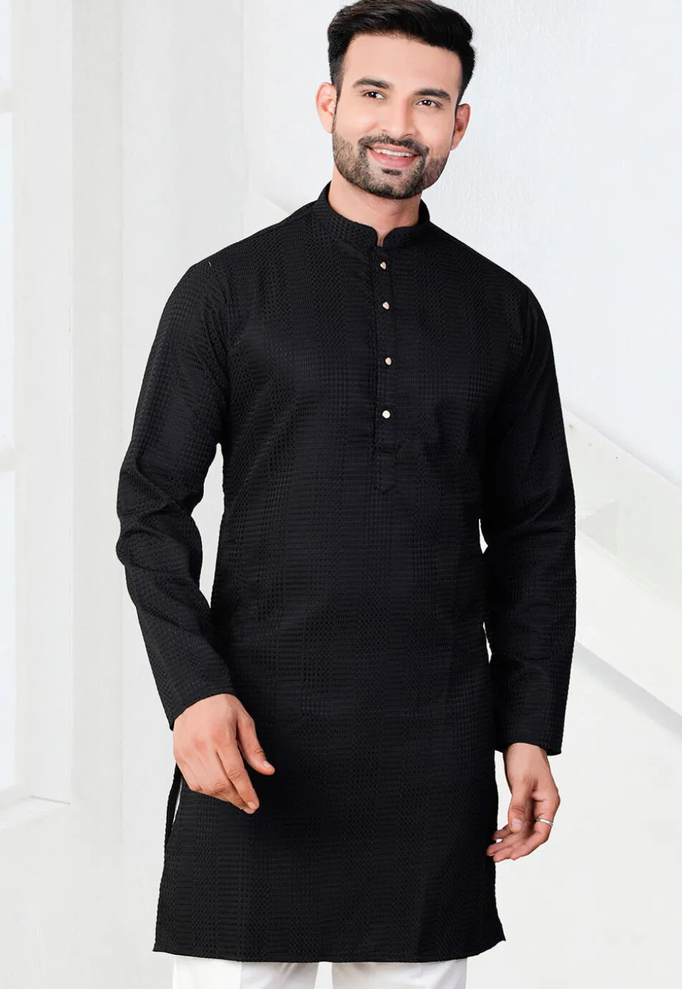 Textured Rayon Kurta in Black