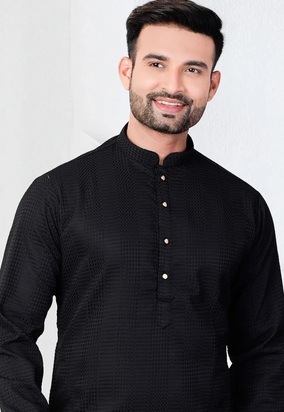 Textured Rayon Kurta in Black