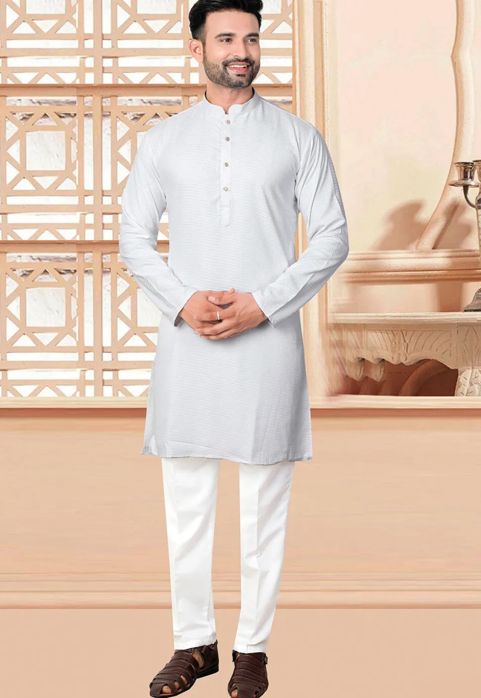 Textured Rayon Kurta in Off White
