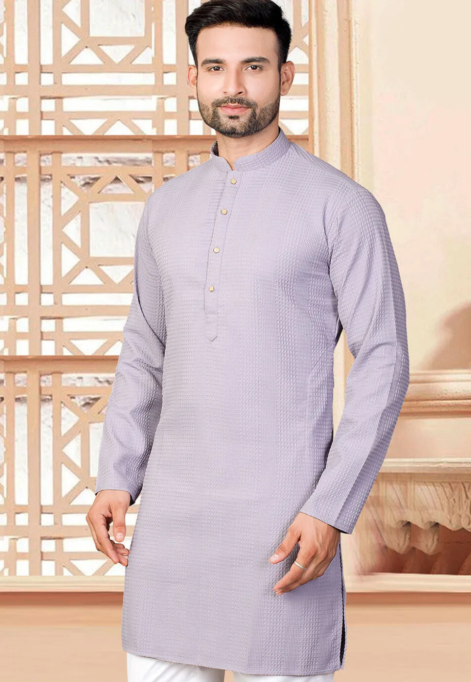 Textured Rayon Kurta in Purple