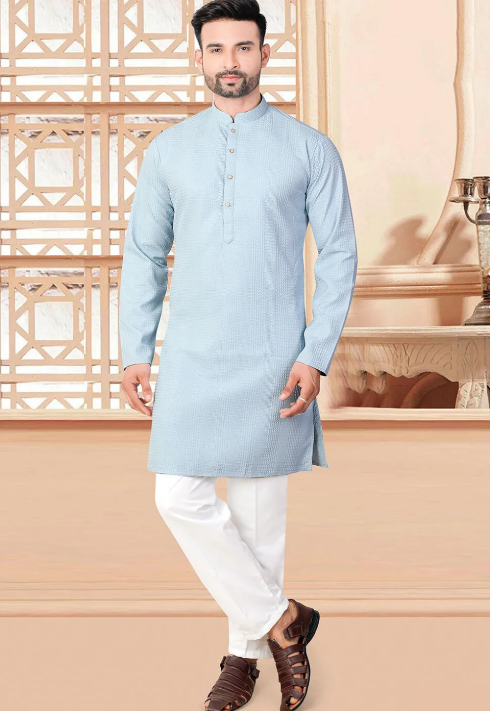 Textured Rayon Kurta in Sky Blue