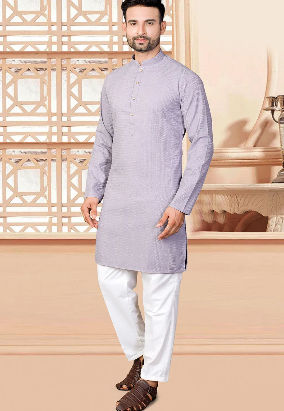 Textured Rayon Kurta Set in Purple