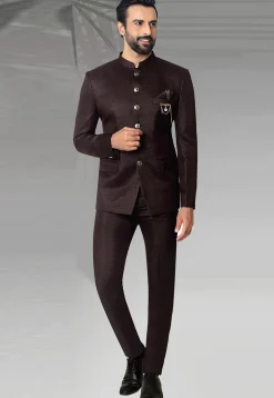 Textured Terry Rayon Jodhpuri Suit in Dark Brown