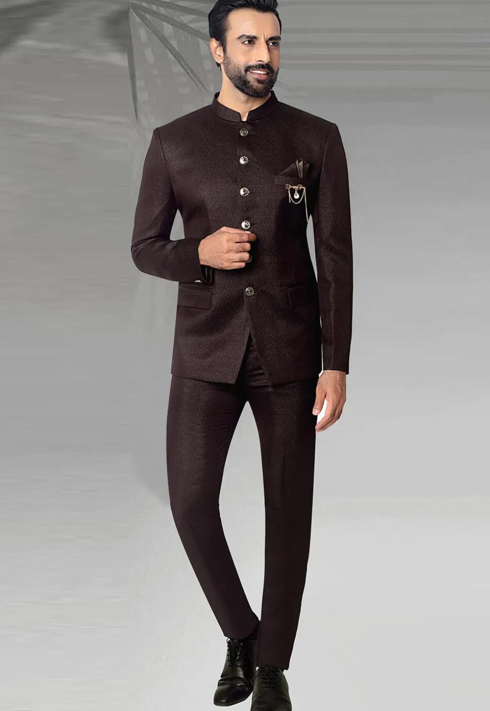 Textured Terry Rayon Jodhpuri Suit in Dark Brown