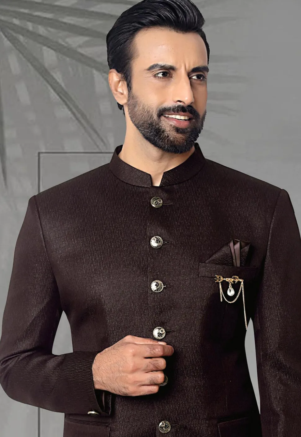 Textured Terry Rayon Jodhpuri Suit in Dark Brown