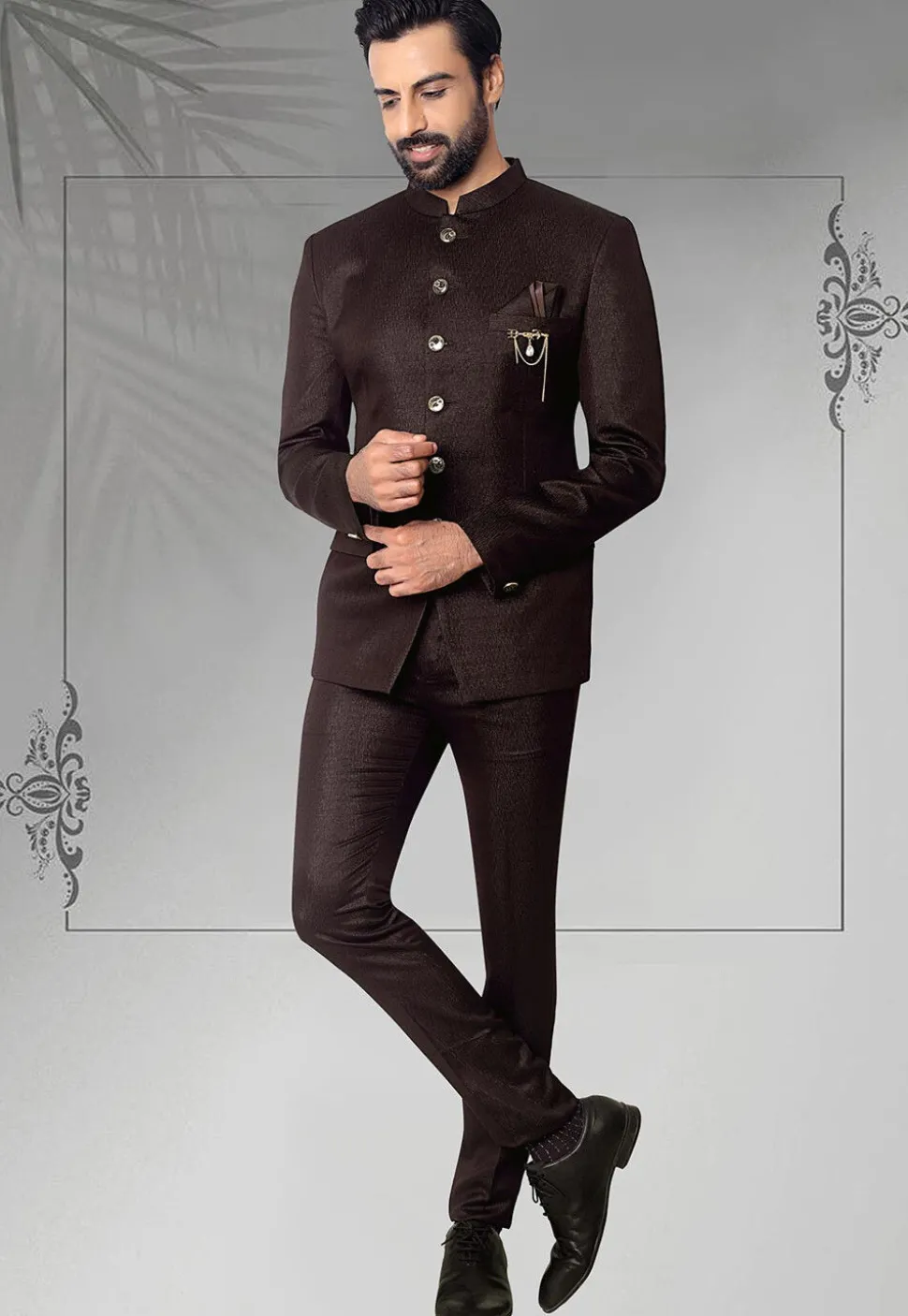 Textured Terry Rayon Jodhpuri Suit in Dark Brown
