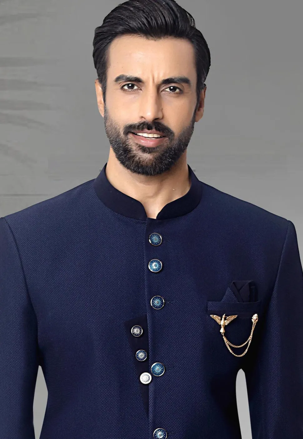 Textured Terry Rayon Jodhpuri Jacket in Navy Blue