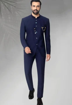 Textured Terry Rayon Jodhpuri Suit in Navy Blue