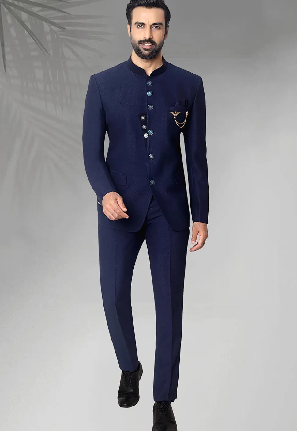 Textured Terry Rayon Jodhpuri Suit in Navy Blue