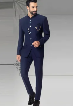 Textured Terry Rayon Jodhpuri Suit in Navy Blue