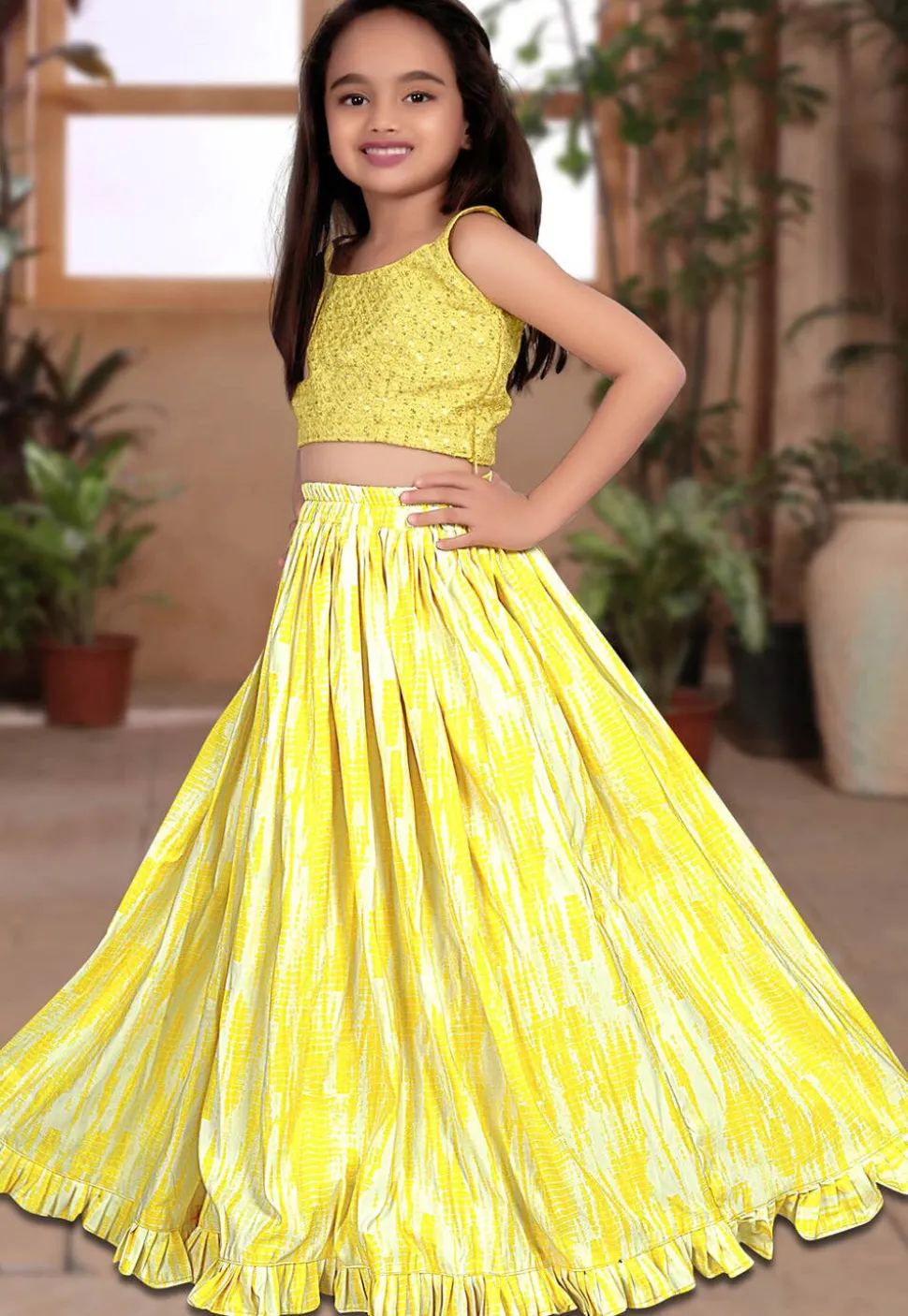Tie Dye Printed Art Silk Lehenga in Yellow