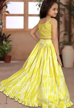 Tie Dye Printed Art Silk Lehenga in Yellow