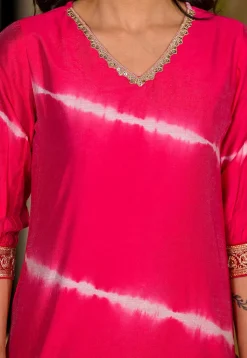 Tie Dye Printed Chanderi Silk Pakistani Suit in Fuchsia