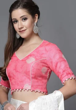 Tie Dye Printed Chanderi Cotton Back Cut Out Blouse in Pink