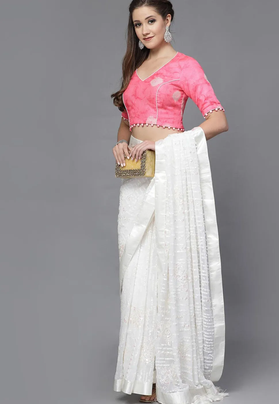 Tie Dye Printed Chanderi Cotton Back Cut Out Blouse in Pink