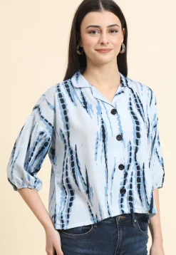 Tie Dye Printed Cotton Crushed Top in Light Blue