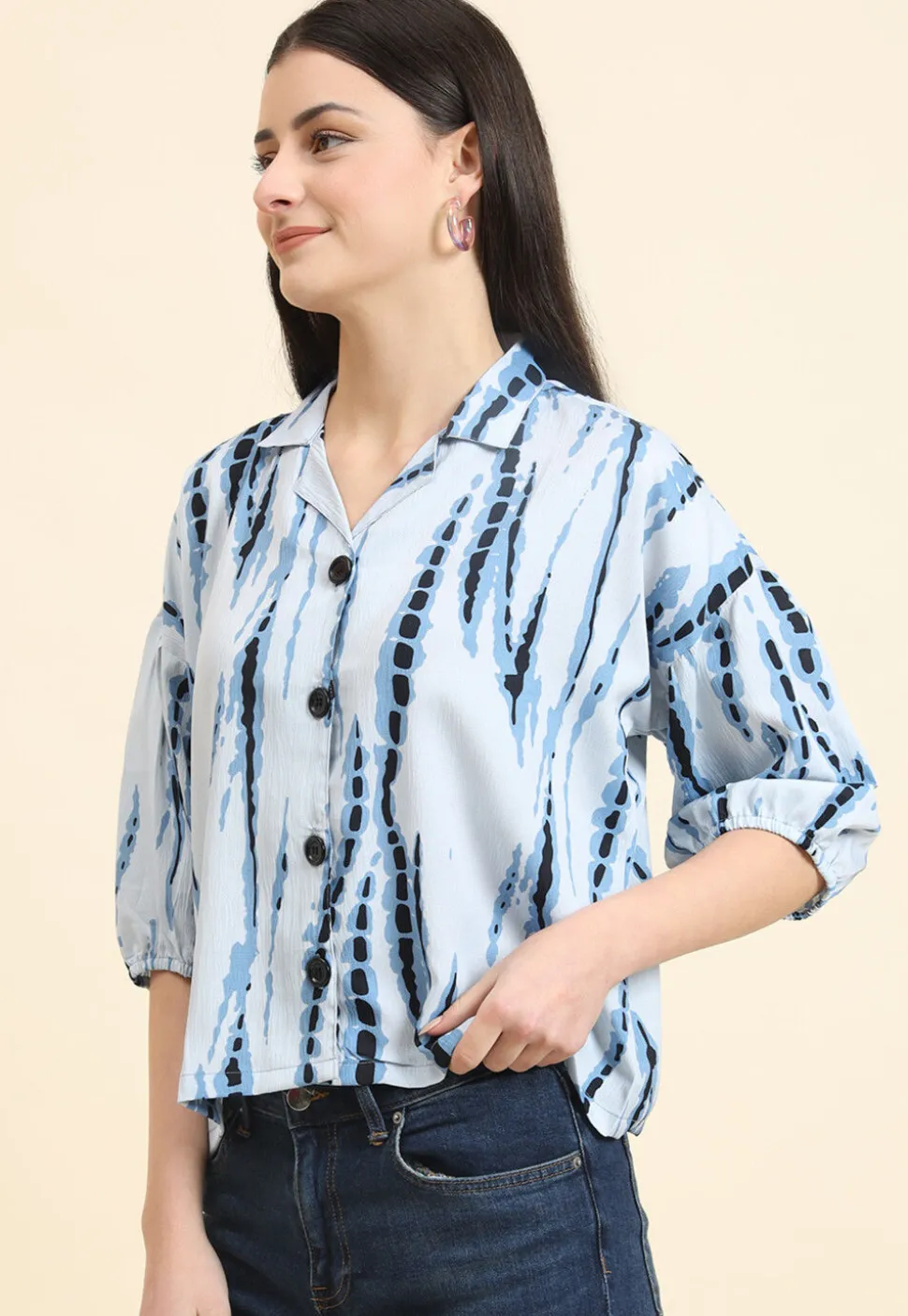 Tie Dye Printed Cotton Crushed Top in Light Blue