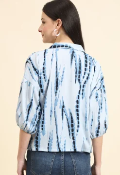 Tie Dye Printed Cotton Crushed Top in Light Blue