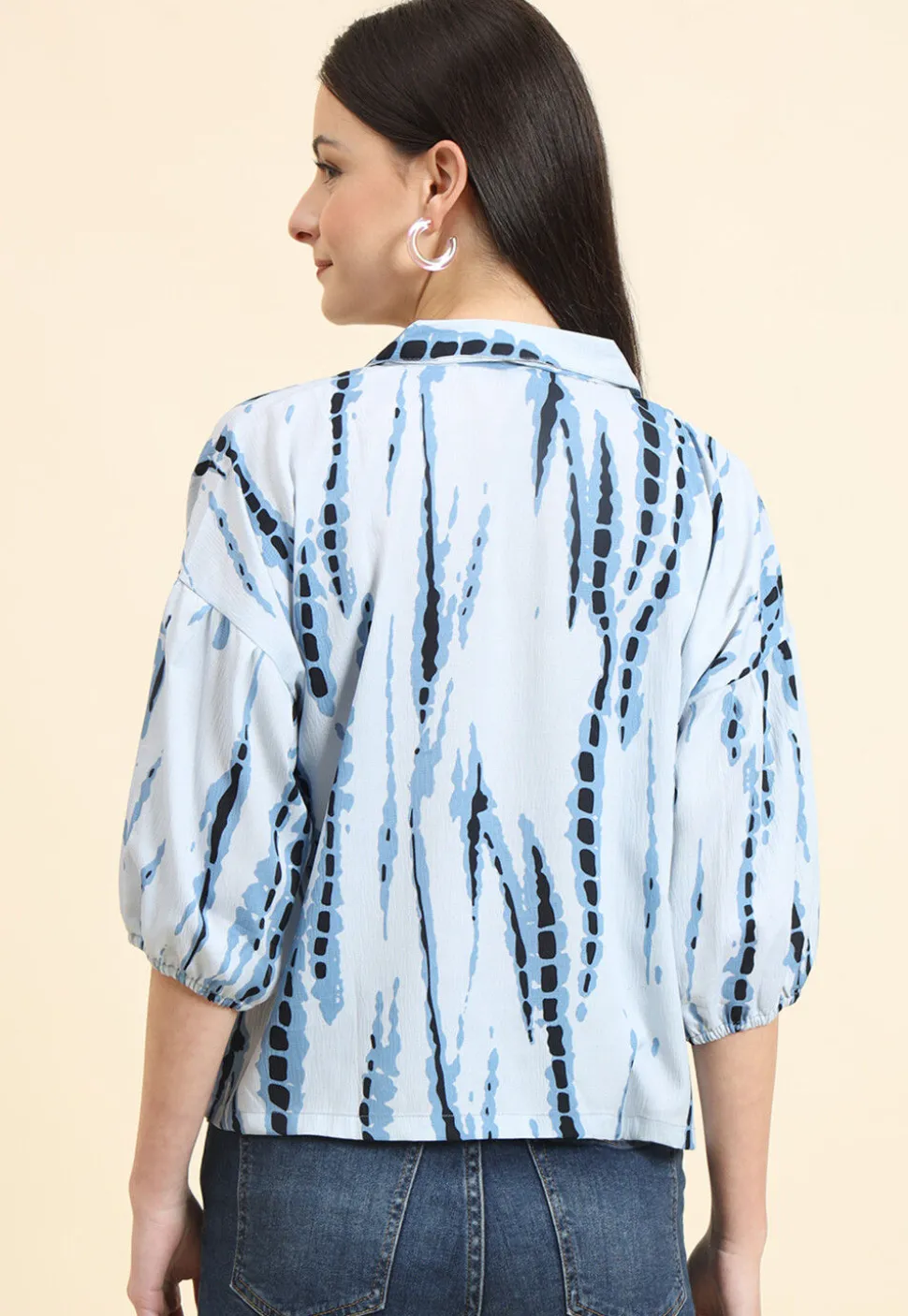 Tie Dye Printed Cotton Crushed Top in Light Blue