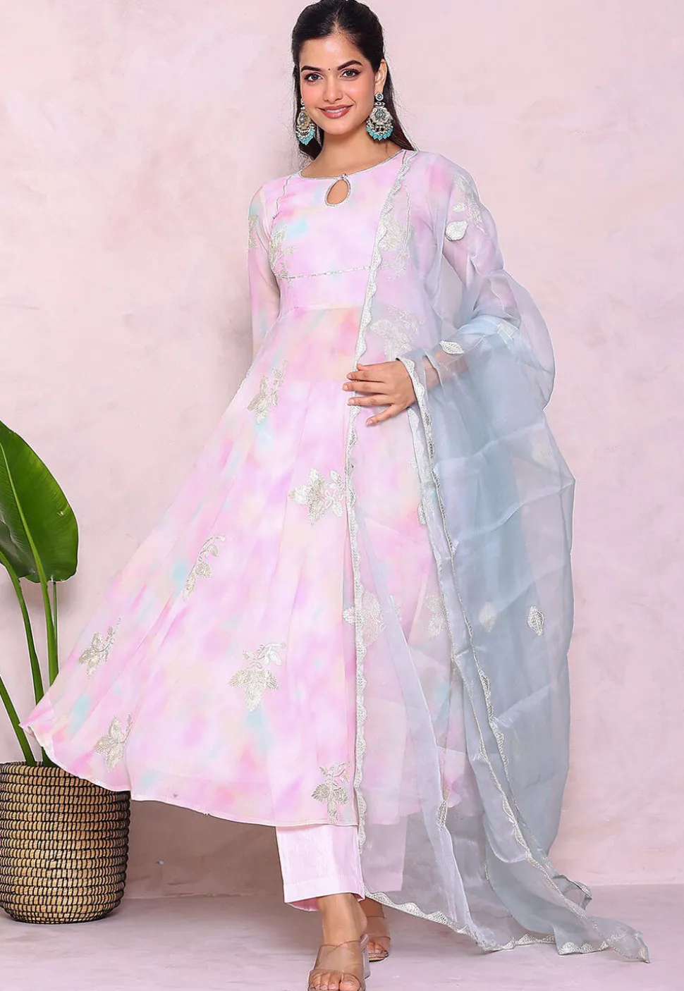 Tie Dye Printed Georgette A Line Suit in Multicolor