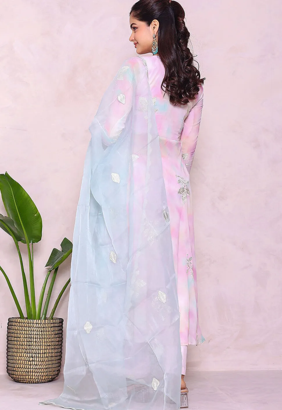 Tie Dye Printed Georgette A Line Suit in Multicolor